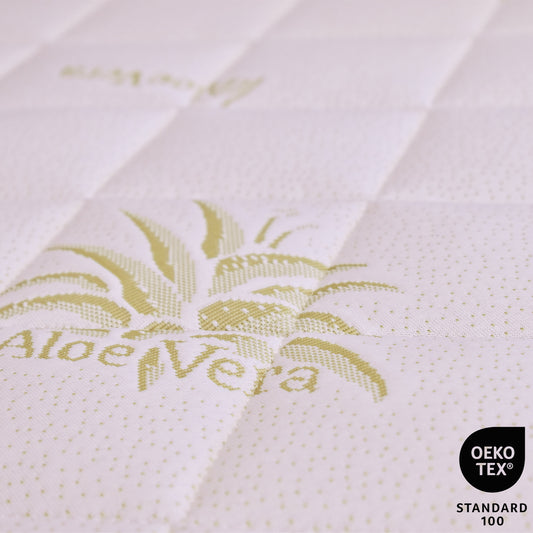 Close-up of a mattress with 'Aloe Vera' text and Oeko-Tex logo on a white background