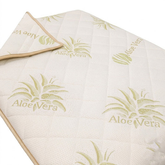 White mattress cover with Aloe Vera branding on a white background