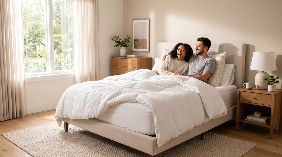 happy couple relaxing happily on bed - Zleepo