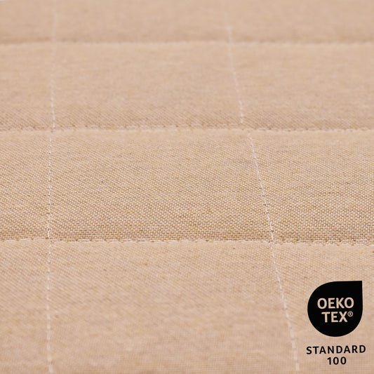 Beige fabric with a woven pattern and OEKO-TEX Standard 100 logo.