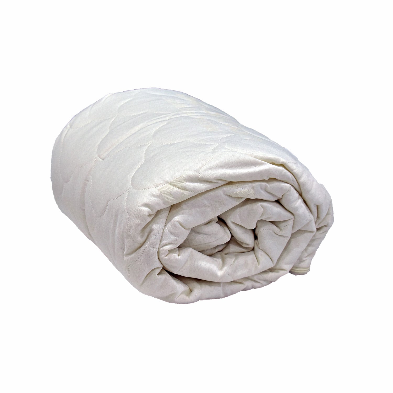 Rolled-up white comforter on a white background