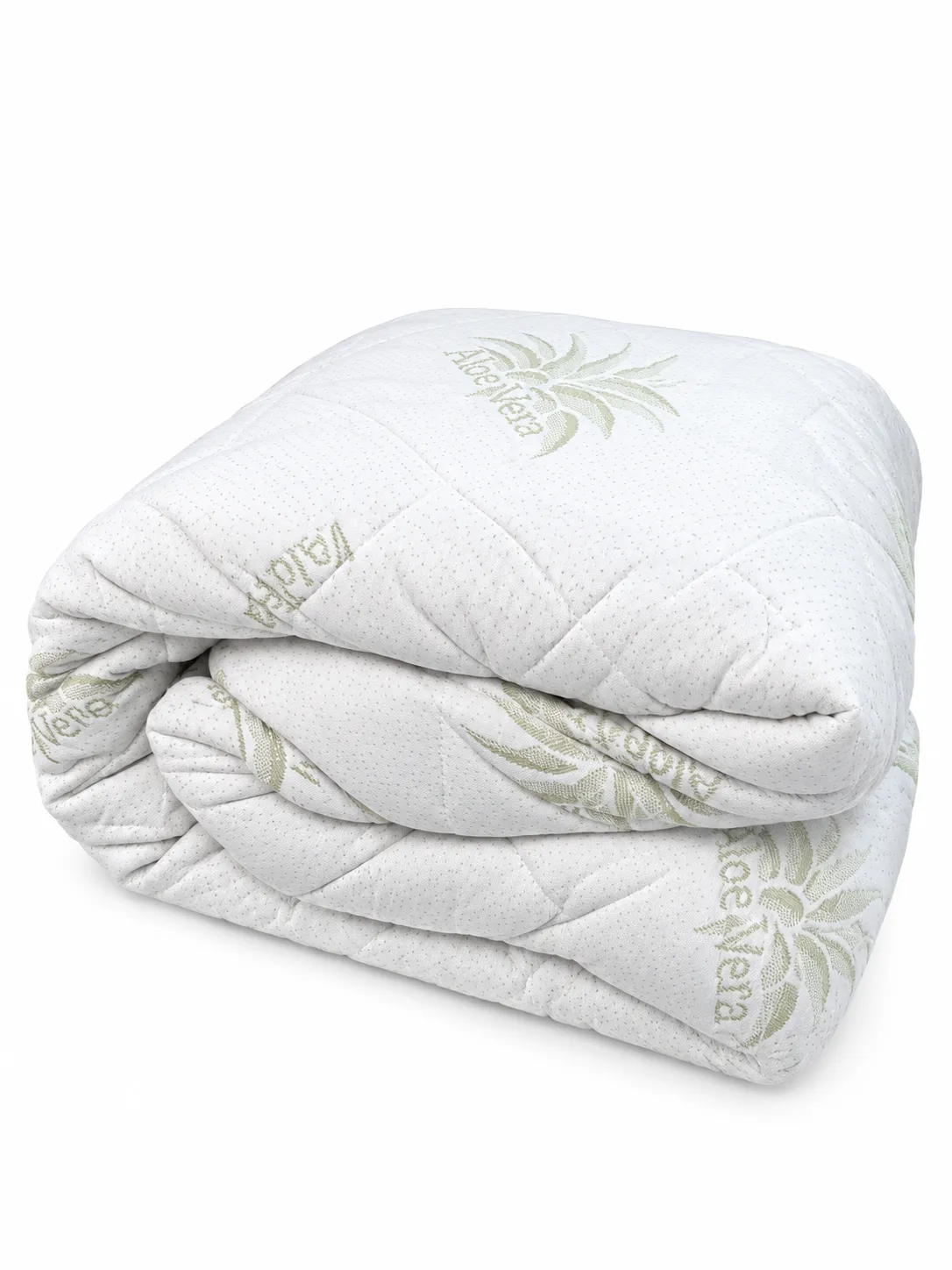 A folded white quilted mattress case featuring embossed green aloe vera leaf and brand name patterns, set against a plain white background.