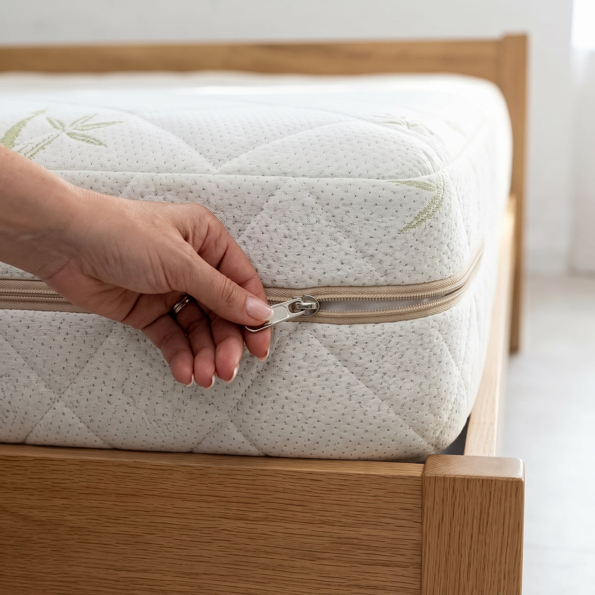 A close-up of a hand unzipping a mattress on a light wood bed frame, showing the quilted white mattress with subtle green leaf embroidery.