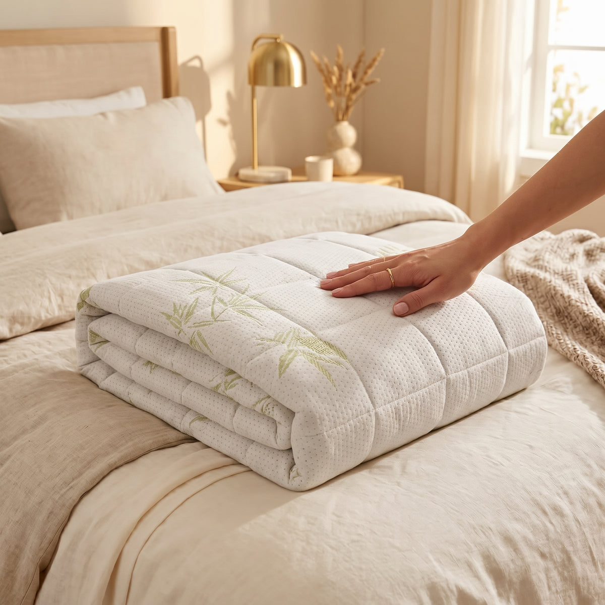 A folded quilted white comforter with light green bamboo leaf patterns rests on a neatly made bed. A person's hand is gently placed on the quilt to show its texture.