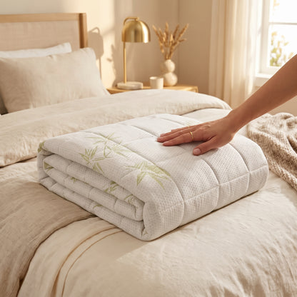 A folded quilted white comforter with light green bamboo leaf patterns rests on a neatly made bed. A person's hand is gently placed on the quilt to show its texture.