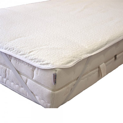 Mattress protector on a mattress with a visible brand label.
