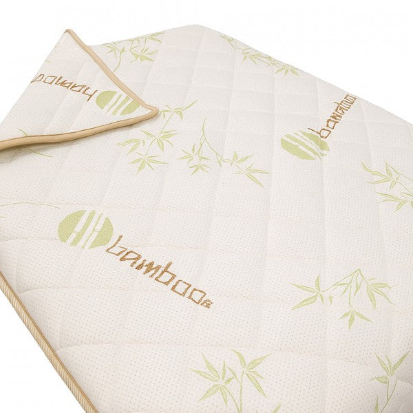 White quilt with bamboo leaf patterns and 'Bamboo' text on a white background