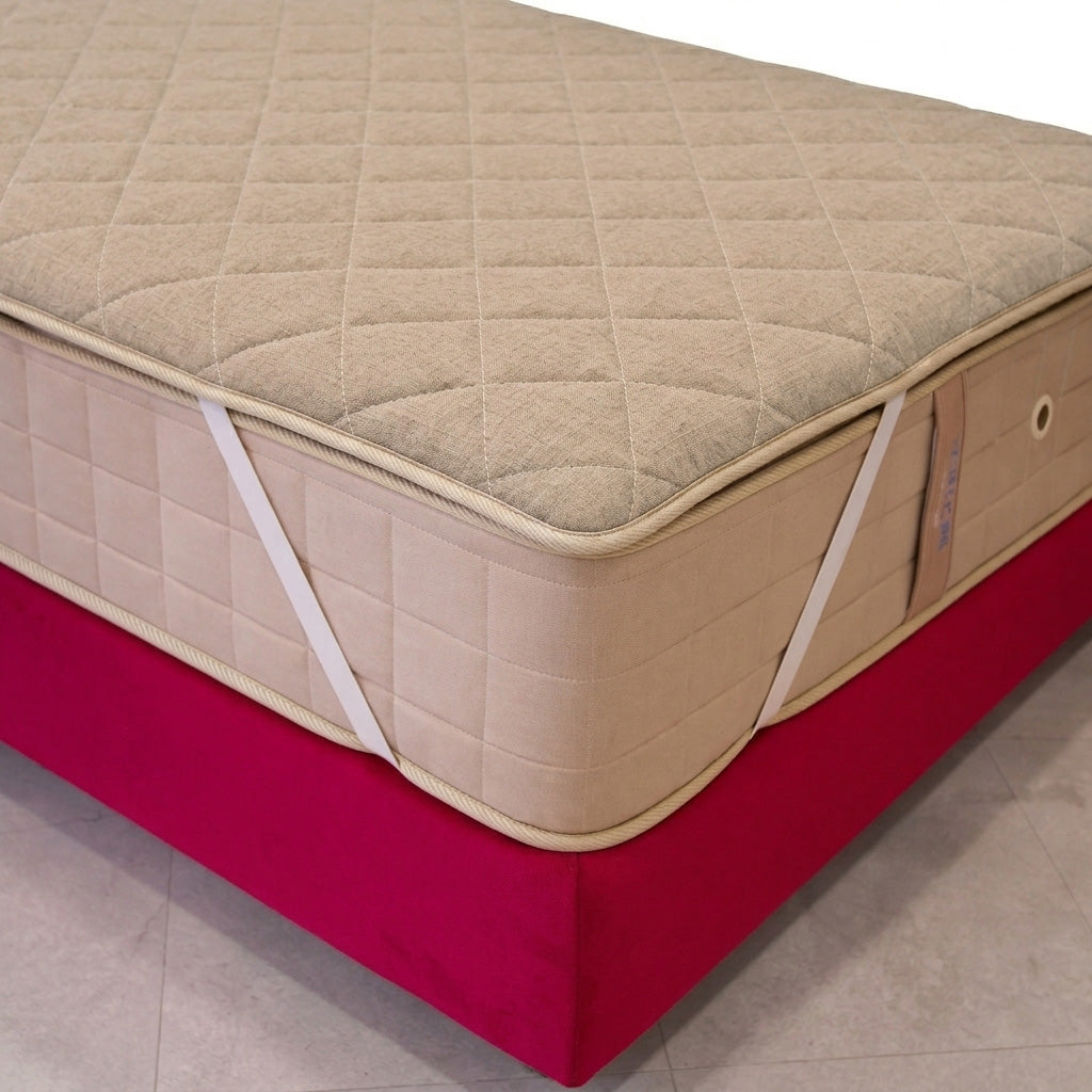 Beige mattress with quilted top on a red platform against a neutral background